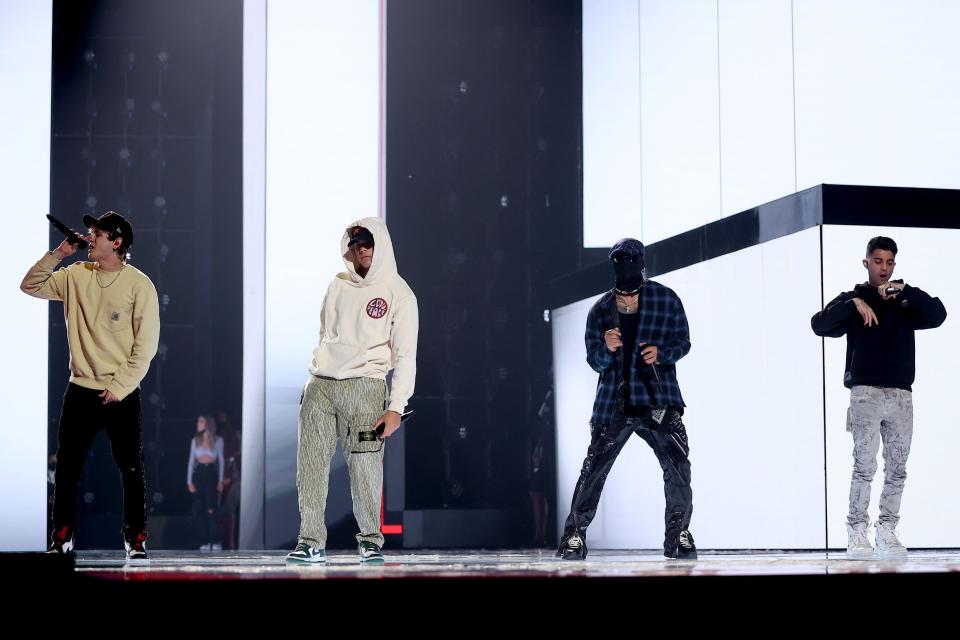 MIAMI, FLORIDA - FEBRUARY 23: Christopher Vélez, Zabdiel De Jesús, Richard Camacho and Erick Brian Colón of CNCO rehearse for Univision's 34th Edition Of Premio Lo Nuestro a la Música Latina at FTX Arena on February 23, 2022 in Miami, Florida. (Photo by John Parra/Getty Images for Univision)