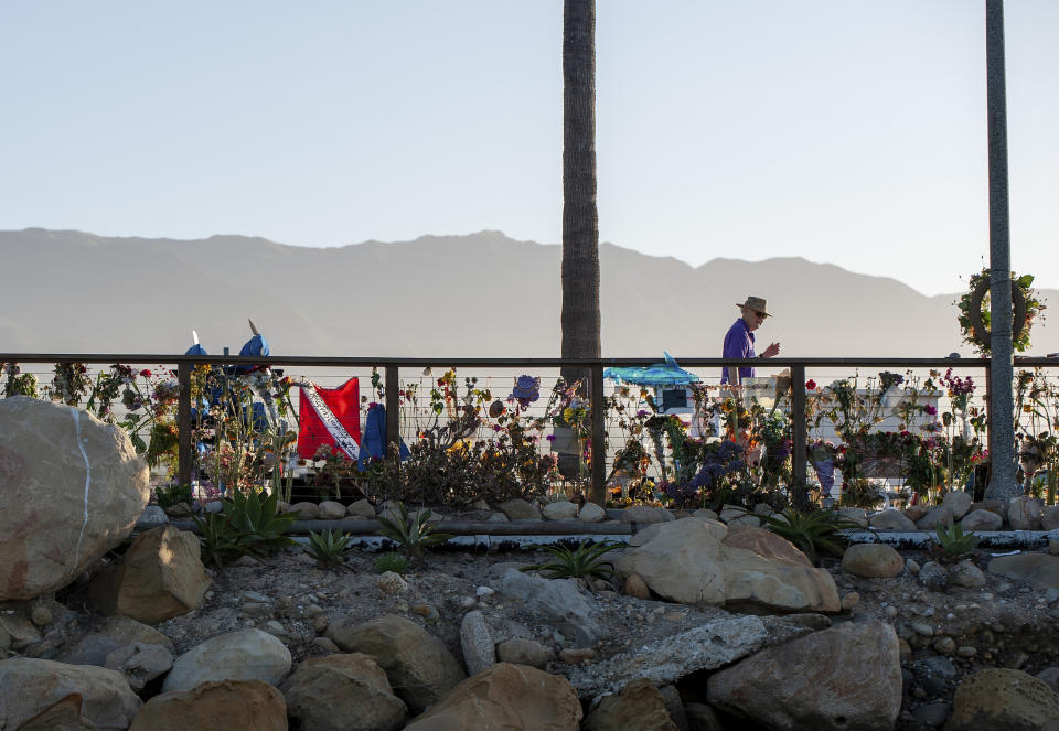 A memorial for the victims of the Conception is seen on the Santa Barbara Harbor in Santa Barbara, Calif., Sunday, Sept. 8, 2019. Authorities served search warrants Sunday at the Southern California company that owned the scuba diving boat that caught fire and killed 34 people last week. (AP Photo/ Christian Monterrosa)