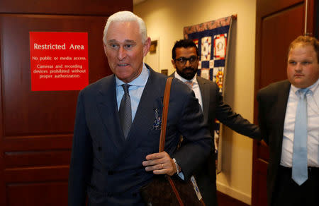 U.S. political consultant Roger Stone, a longtime ally of President Donald Trump, emerges from a closed hearing of the House Intelligence Committee investigating Russian interference in the 2016 U.S. presidential election at the U.S. Capitol in Washington, U.S., September 26, 2017. REUTERS/Kevin Lamarque