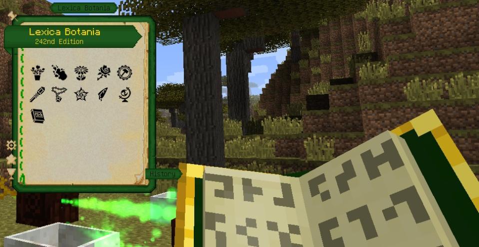 best Minecraft mods - Botania - A Lexica Botania menu shows several magical symbols while the player holds a botania book in their hands.