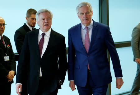 Britain's Secretary of State for Exiting the European Union David Davis and European Union's chief Brexit negotiator Michel Barnier pose ahead of a meeting in Brussels, Belgium, March 19, 2018. REUTERS/Francois Lenoir