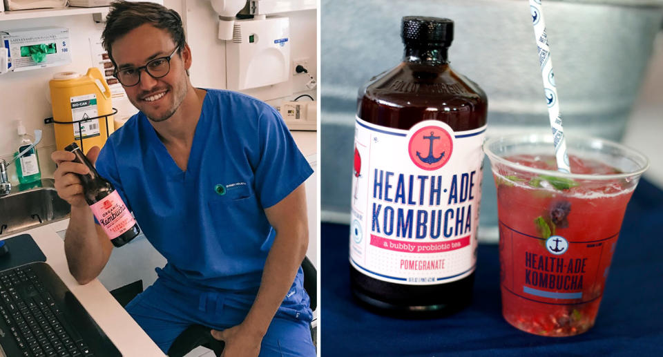 Photo of Sydney dentist Dr Lewis Ehrlich and a file photo of a jar of kombucha which he has warned his clients against.