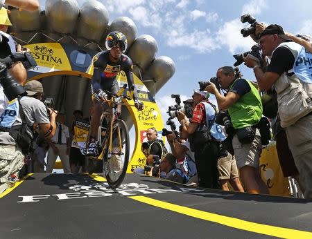 MTN-Qhubeka rider Daniel Teklehaimanot of Eritrea cycles during the 13.8 km (8.57 miles) individual time-trial first stage of the 102nd Tour de France cycling race in Utrecht, Netherlands, July 4, 2015. REUTERS/Stefano Rellandini