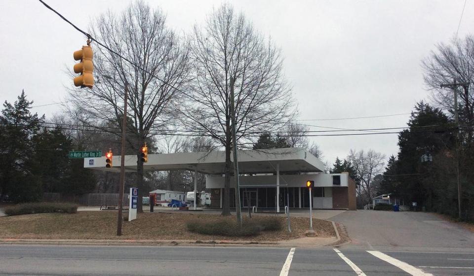 A redevelopment plan is pending for this closed gas station at 1200 Martin Luther King Jr. Blvd. in Chapel Hill and the 73 mobile homes behind it.