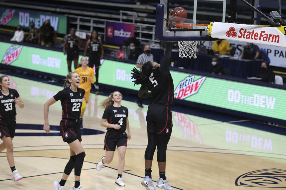 Stanford's Francesca Belibi dunked in the NCAA tournament on Friday. She made her first college dunk in December of 2020 against Cal. (AP Photo/Jed Jacobsohn)