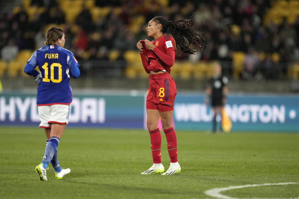 Spain's Mariona Caldentey reacts after missing a scoring chance during the Women's World Cup Group C soccer match between Japan and Spain in Wellington, New Zealand, Monday, July 31, 2023. (AP Photo/John Cowpland)