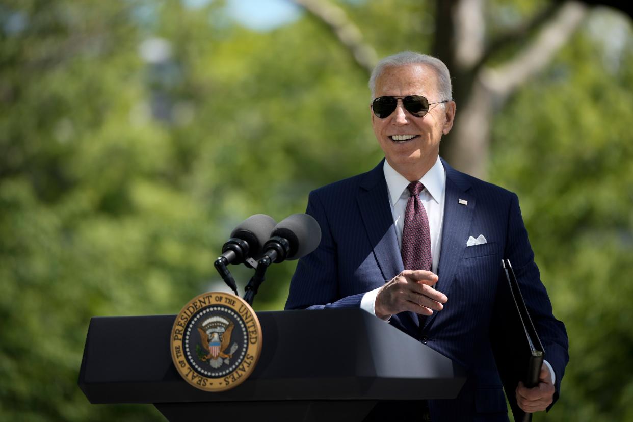 U.S. President Joe Biden speaks about updated CDC mask guidance on the North Lawn of the White House on April 27, 2021, in Washington, DC. President Biden announced updated CDC guidance, saying vaccinated Americans do not need to wear a mask outside when in small groups.