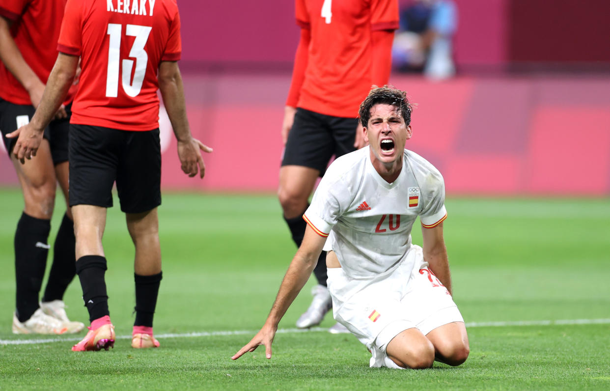 SAPPORO, JAPAN - JULY 22: Juan Miranda #20 of Team Spain reacts during the Men's First Round Group C match between Egypt and Spain during the Tokyo 2020 Olympic Games at Sapporo Dome on July 22, 2021 in Sapporo, Hokkaido, Japan. (Photo by Masashi Hara/Getty Images)