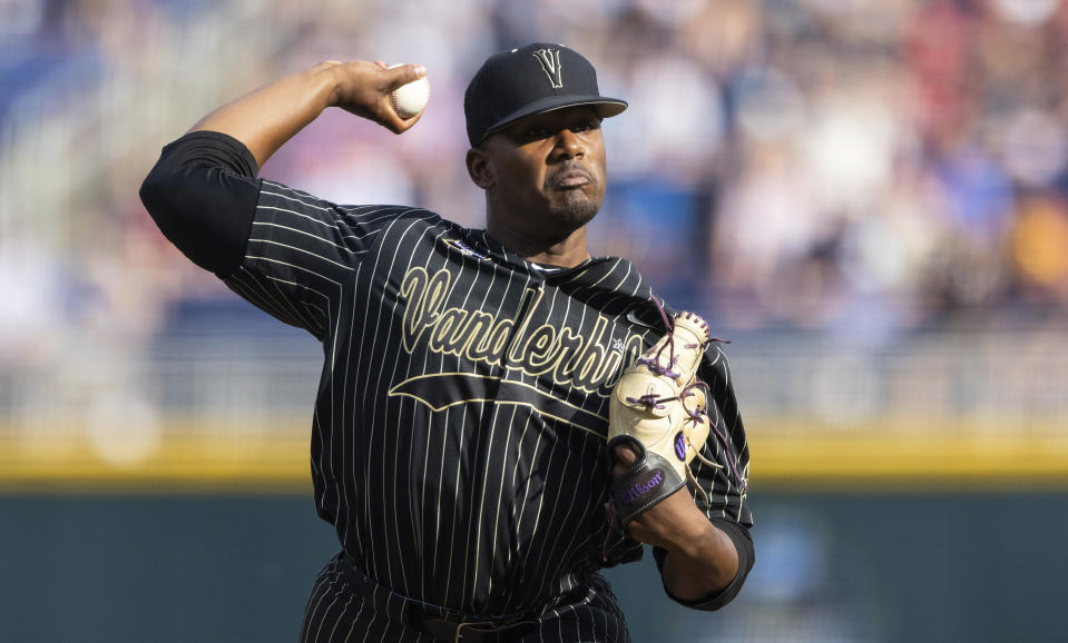 Vanderbilt starting pitcher Kumar Rocker throws against Arizona in the first inning during a baseball game in the College World Series, Saturday, June 19, 2021, at TD Ameritrade Park in Omaha, Neb. (AP Photo/Rebecca S. Gratz)