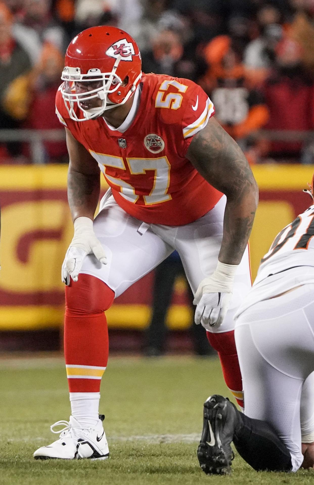 Jan 29, 2023; Kansas City, Missouri, USA; Kansas City Chiefs offensive tackle Orlando Brown Jr. (57) at the line of scrimmage against the Cincinnati Bengals during the AFC Championship game at GEHA Field at Arrowhead Stadium.
