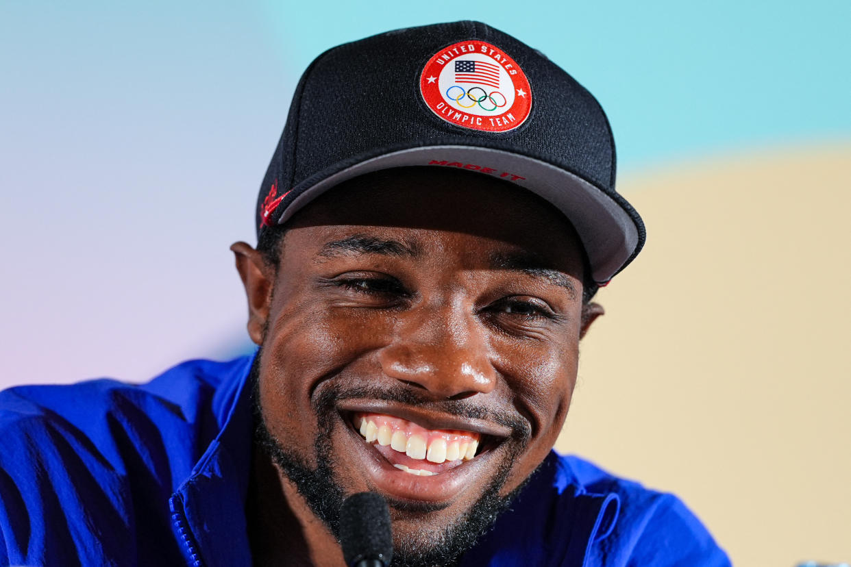 US' Noah Lyles attends a press conference at the Main Press Centre (MPC) during the Paris 2024 Olympic Games in Paris on July 29, 2024. (Photo by Dimitar DILKOFF / AFP) (Photo by DIMITAR DILKOFF/AFP via Getty Images)