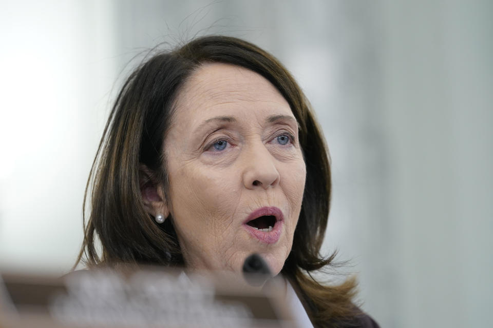 Sen. Maria Cantwell, D-Wash., asks a question during a Senate Commerce Committee hearing, Thursday, Feb. 9, 2023, on Capitol Hill in Washington, about the December meltdown at Southwest Airlines that led to nearly 17,000 canceled flights over the holidays. (AP Photo/Mariam Zuhaib)