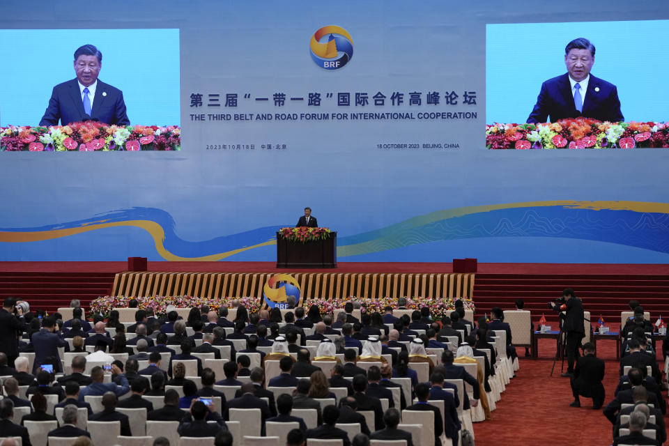 Chinese President Xi Jinping delivers his opening speech for the Belt and Road Forum at the Great Hall of the People in Beijing, Wednesday, Oct. 18, 2023. (AP Photo/Ng Han Guan)