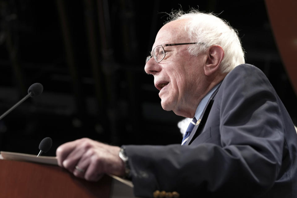 Sen. Bernie Sanders, I-Vt., speaks during a news conference on the debt limit, Thursday, May 18, 2023, on Capitol Hill in Washington. (AP Photo/Mariam Zuhaib)