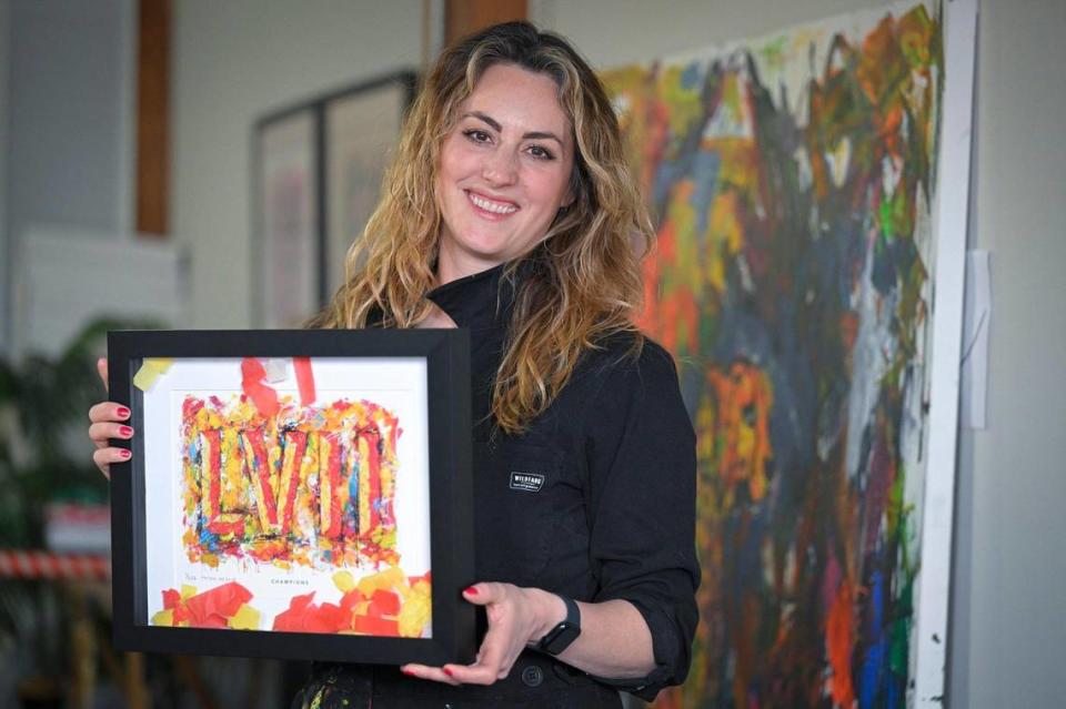 Kansas City-based artist Megh Knappenberger displays a limited edition Confetti Shadow box, one of 222 she created using confetti collected from the field after the Chiefs’ Super Bowl LVII Championship in 2023 in Phoenix, Arizona.