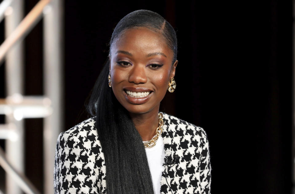FILE - In this Thursday, Jan. 16, 2020, file photo, Xosha Roquemore speaks at the OWN: Oprah Winfrey Network's "Cherish the Day" series panel during the Discovery Network TCA 2020 Winter Press Tour in Pasadena, Calif. The series, airing 10 p.m. EST Tuesday, follows a Los Angeles couple's relationship over eight episodes that span five years. Roquemore and Alano Miller star in the network's first anthology series, created by filmmaker and TV producer Ava DuVernay. (Photo by Willy Sanjuan/Invision/AP)