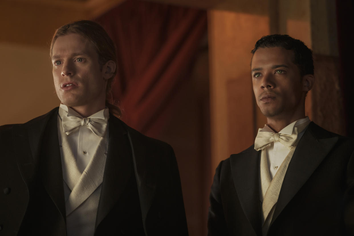 Sam Reid as Lestat Du Lioncourt and Jacob Anderson as Louis De Pointe Du Lac - Interview with the Vampire _ Season 1, Episode 2 - Photo Credit: Michele K. Short/Sony Pictures Television/AMC