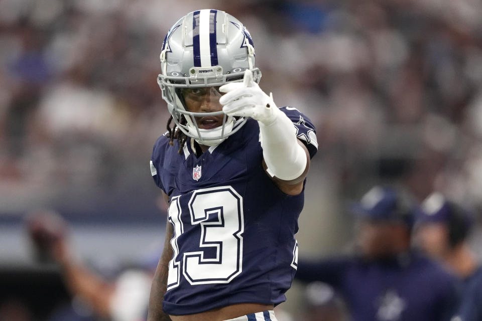 ARLINGTON, TEXAS - AUGUST 24: Tyron Billy-Johnson #13 of the Dallas Cowboys gestures after catching a pass for a first down during the first half of a preseason game against the Los Angeles Chargers at AT&T Stadium on August 24, 2024 in Arlington, Texas. (Photo by Sam Hodde/Getty Images)