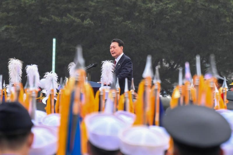 South Korean President Yoon Suk Yeol makes brief remarks in Seoul at the end of the Armed Forces Day parade. He earlier warned North Korea against using nuclear weapons, saying it would mean the end of its regime. Photo by Thomas Maresca/UPI