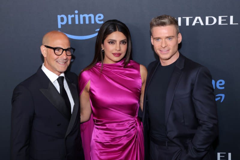 Left to right, Stanley Tucci, Priyanka Chopra Jonas and Richard Madden attend the premiere of Prime Video's TV series "Citadel" at The Culver Theater on April 25. File Photo by Greg Grudt/UPI