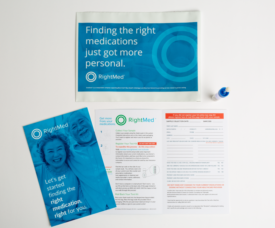 RightMed test kits from OneOme allow people to collect a saliva sample at home. They can then mail it in and find out whether they have genetic variations that affect the way their bodies metabolize medicine, helping to pinpoint which drugs will work best for them.