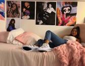 <p>The NYU student proves that you can never go wrong with a pair of fresh white sneakers adorned with a sleek metallic design.</p>