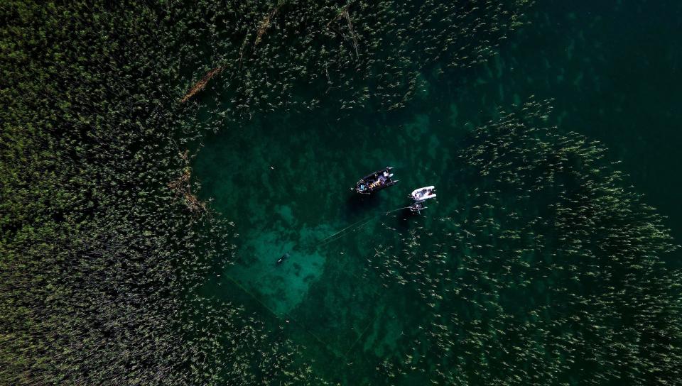 This aerial photograph taken on July 27, 2023, shows a diver searching for archaeological material in Lake Ohrid, southeastern Albania. Archaeologists say the the Palafitte settlement of Lin dates back to 5800 - 6000 years BC. / Credit: ADNAN BECI/AFP via Getty Images