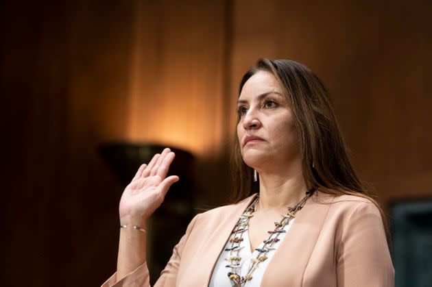 Sunshine Suzanne Sykes is sworn in during her Senate Judiciary Committee confirmation hearing on Feb. 1, 2022. She is now just the fifth-ever Native American woman to serve as a lifetime federal judge. (Photo: Bill Clark via Getty Images)
