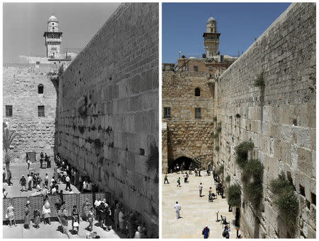 A combination picture shows men and women standing in separate sections as they visit the Western Wall, Judaism's holiest prayer site, in Jerusalem's Old City, in this Government Press Office handout photo, taken September 1, 1967 (top) and the same location May 17, 2017. REUTERS/Fritz Cohen/Government Press Office/Handout via Reuters (top)/Ronen Zvulun