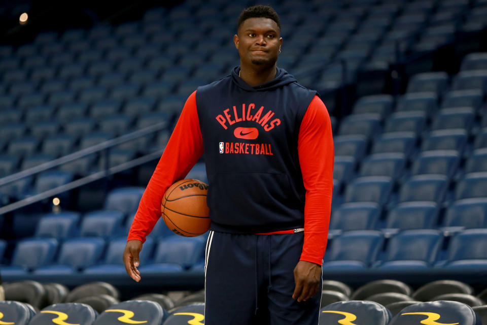 NEW ORLEANS, LOUISIANA - NOVEMBER 13: Zion Williamson #1 of the New Orleans Pelicans stands on the court prior to the start of a NBA game against the Memphis Grizzlies at Smoothie King Center on November 13, 2021 in New Orleans, Louisiana. NOTE TO USER: User expressly acknowledges and agrees that, by downloading and or using this photograph, User is consenting to the terms and conditions of the Getty Images License Agreement. (Photo by Sean Gardner/Getty Images)