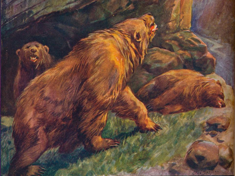 A illustration shows prehistoric humans on a ledge, ready to toss a boulder on cave bears below.