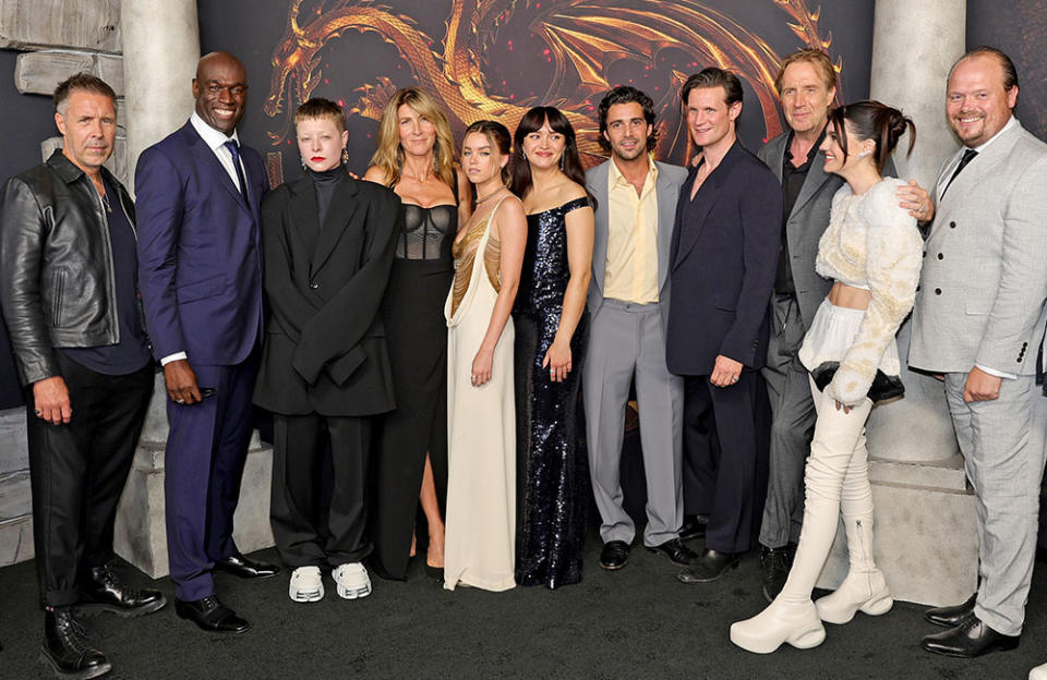 (L-R) Paddy Considine, Steve Toussaint, Emma D’Arcy, Eve Best, Milly Alcock, Olivia Cooke, Fabian Frankel, Matt Smith, Rhys Ifans, Emily Carey, and Gavin Spokes attend the HBO Original Drama Series "House Of The Dragon" World Premiere at Academy Museum of Motion Pictures on July 27, 2022 in Los Angeles, California.