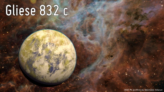 Potentially habitable Super-Earth Gliese 832 c appears in an artist's conception against a background of a stellar nebula.