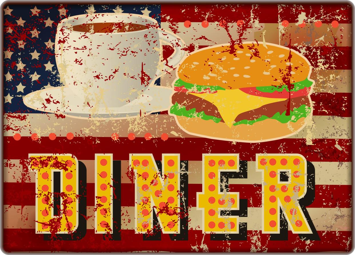 Vintage USA metal diner sign, retro grungy vector illustration