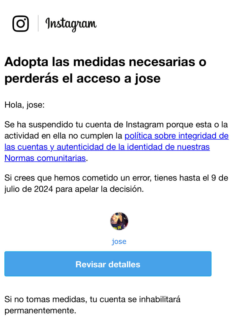 Mensajes de desactivación de Instagram que se reciben cuando la plataforma bloquea tu cuenta.