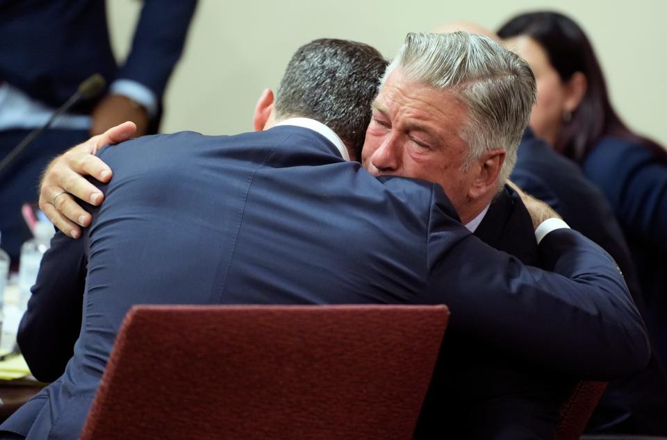 Alec Baldwin hugs his attorney Alex Spiro at the conclusion of his trial for involuntary manslaughter in First Judicial District Court on July 12, 2024 in Santa Fe, New Mexico. The trial for involuntary manslaughter was dismissed by a judge Friday after she ruled that key evidence over a fatal shooting on the set of "Rust" had been withheld from the defense.