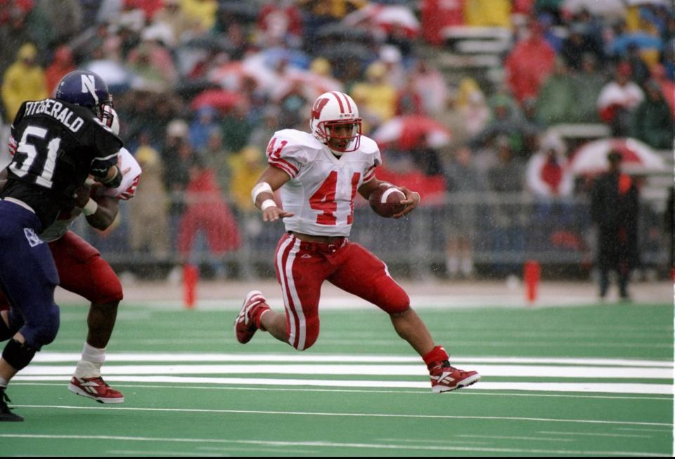 15 Oct 1994: Tailback Terrell Fletcher of the Wisconsin Bagders runs down the field during a game against the Northwestern Wildcats at Dyche Stadium in Evanston, Illinois. Wisconsin won the game 46-14.