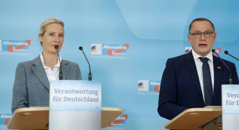 AfD leaders Alice Weidel and Tino Chrupalla face damaging allegations about an EU parliamentarian's aide accused of spying for China (Odd ANDERSEN)