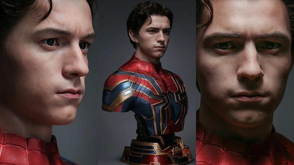 Two close-ups of a Tom Holland Spider-Man bust centered by a full image of the piece 