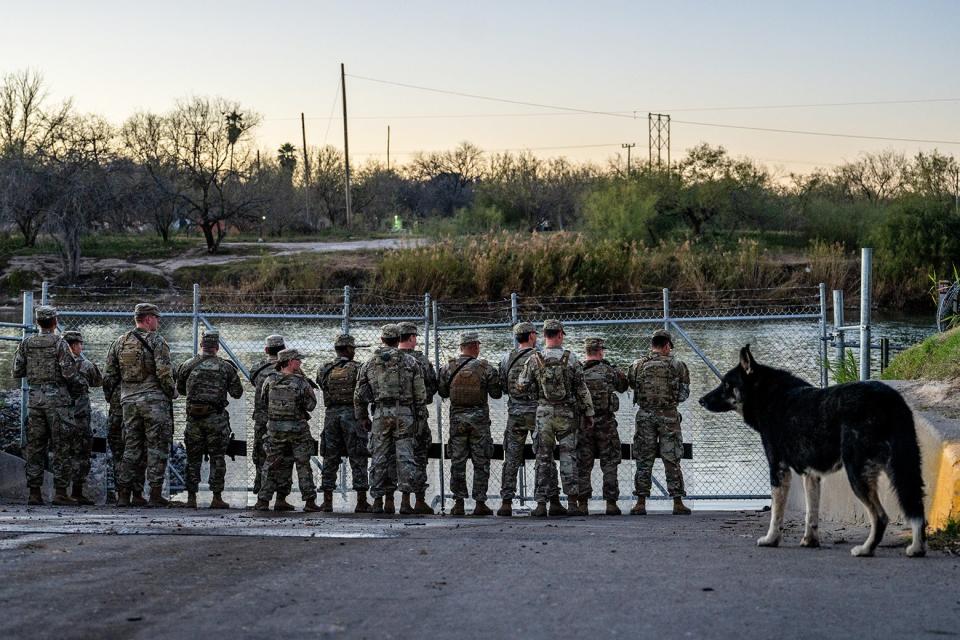 A group of soldiers in military gear standing by a gate near a river. In the foreground, a dog looks to the side.