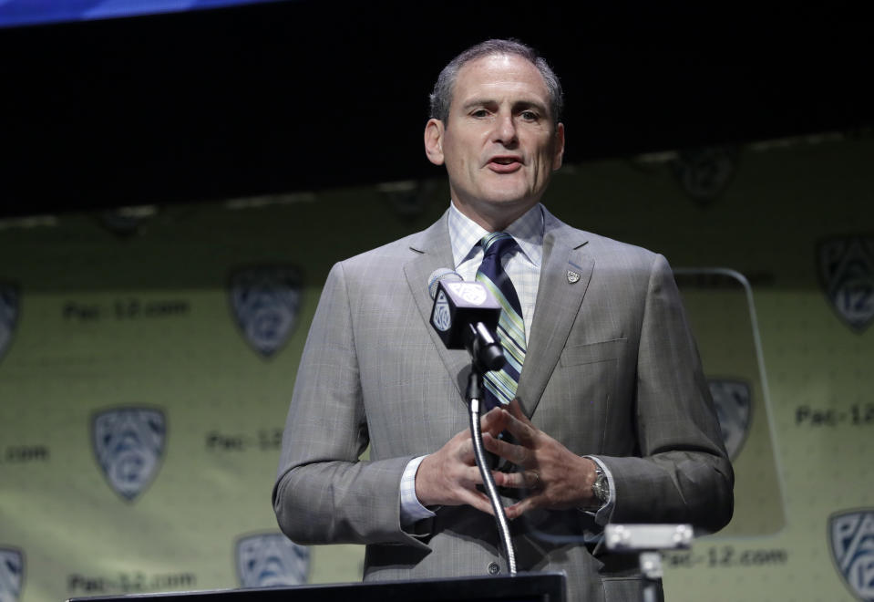 Pac-12 Conference Commissioner Larry Scott speaks during the Pac-12 Conference NCAA college football Media Day Wednesday, July 24, 2019, in Los Angeles. (AP Photo/Marcio Jose Sanchez)