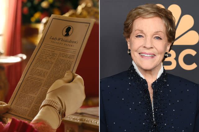 <p>Netflix; Gilbert Flores/Variety via Getty</p> Lady Whistledown society paper; Julie Andrews
