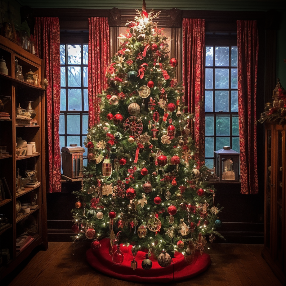 a big Christmas tree in front of two windows that's covered in warm lights, bulb ornaments, and a few unique ornaments with a rustic, snowflake-like tree topper