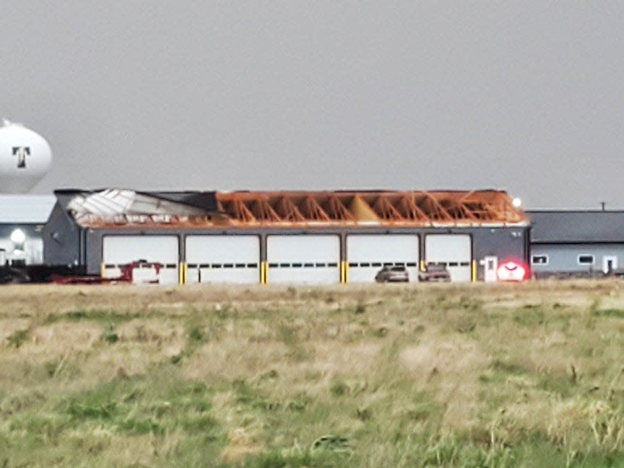 Storm damage to a shed near the Tea exit on Thursday, May 12.