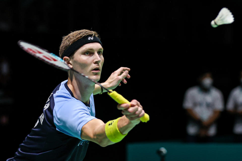 Denmark's badminton world No.1 Viktor Axelsen returns a shot in the Malaysia Open men's singles final.