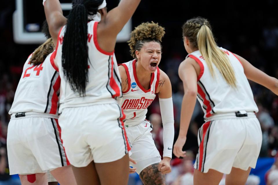 Ohio State guard Rikki Harris, third from left, reacts to a defensive stop against North Carolina in the second half of a second-round women's college basketball game in the NCAA Tournament Monday, March 20, 2023, in Columbus, Ohio. (AP Photo/Paul Sancya)
