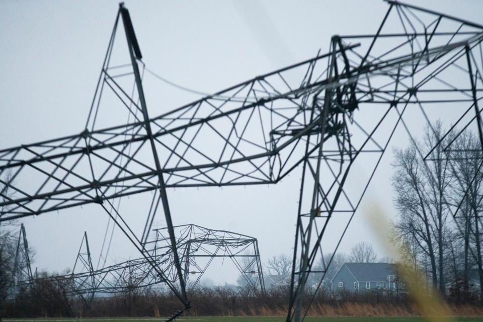 Mar 15, 2024; Delaware, OH, USA; At least six transmission towers lay bent and crumpled in Delaware near Berlin Middle School, as a result of severe weather and possible tornadoes in Delaware over the night