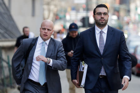 Michael Cohen's Attorneys Todd Harrison (L) and Joseph Evans(R) are pictured outside the Manhattan Federal Court in New York City, New York, U.S., April 13, 2018. REUTERS/Jeenah Moon