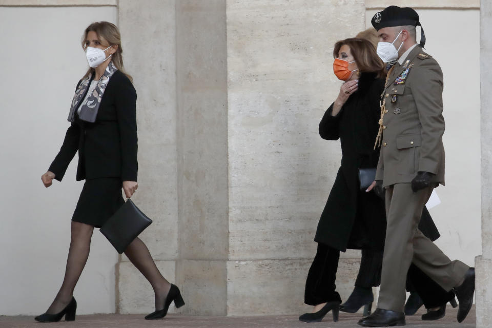 President of the Italian Senate, Elisabetta Alberti Casellati arrives at the Qurinale presidential palace for consultations with President Sergio Mattarella, in Rome, Wednesday, Jan. 27, 2021. Italian Premier Giuseppe Conte resigned after a key coalition ally pulled his party's support over Conte's handling of the coronavirus pandemic, setting the stage for consultations this week to determine if he can form a third government.(AP Photo/Alessandra Tarantino)