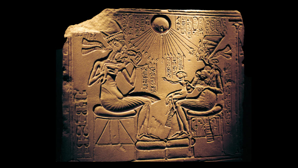 Relief showing King Akhenaten, Queen Nefertiti and their children, along with the sun disk, Aten